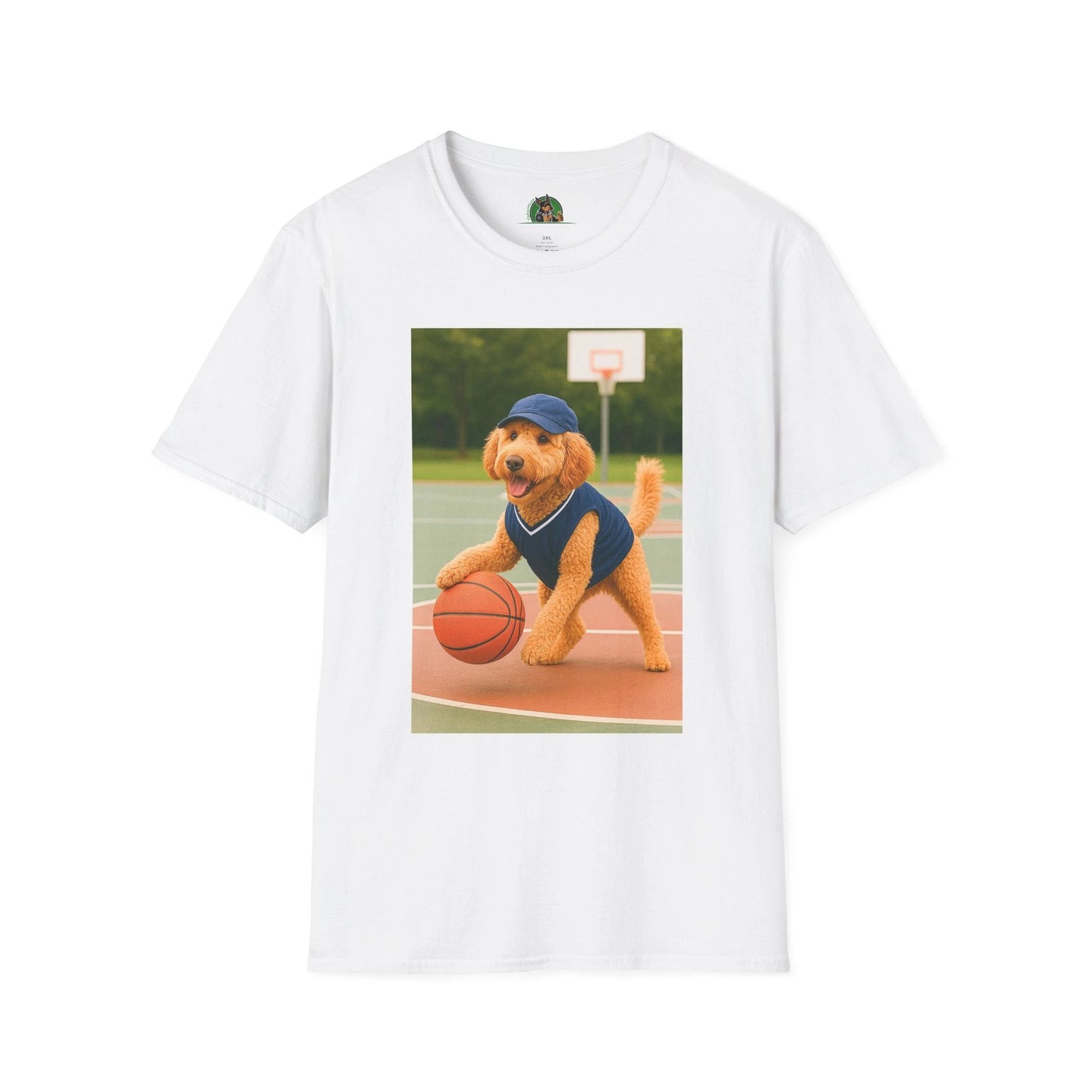 Golden Doodle Basketball T-Shirt — Sports Dog Playing Basketball Tee T-Shirt Printify White S