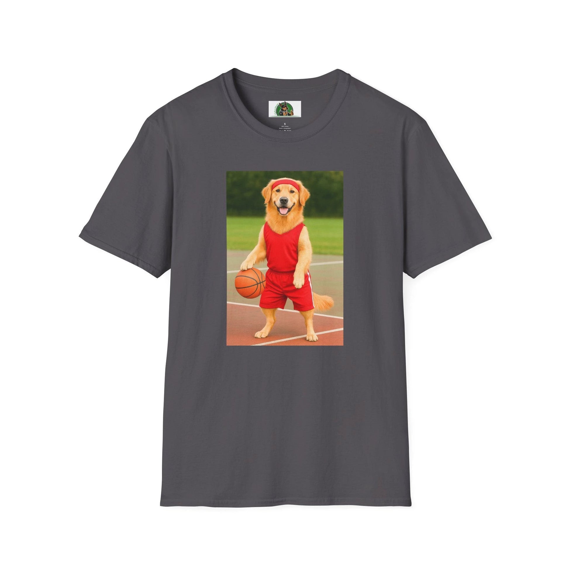 Golden Retriever Playing Basketball T-Shirt — Sports Dog Tee T-Shirt Printify Charcoal S