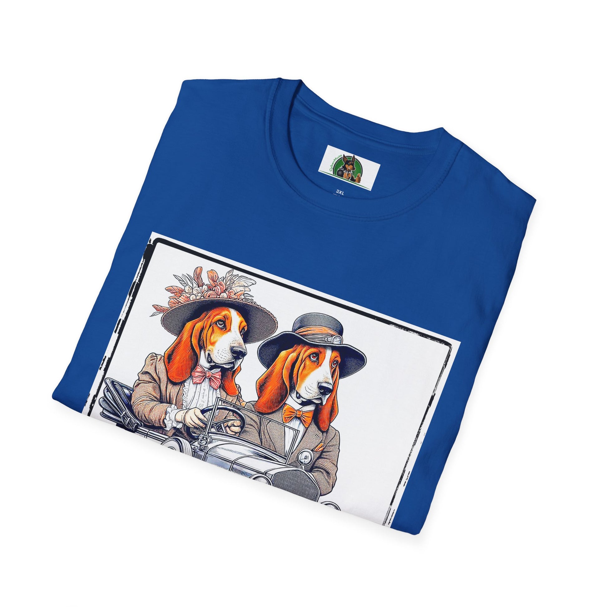 Wacky Basset Hound Couple Riding In Old Car T-Shirt Printify