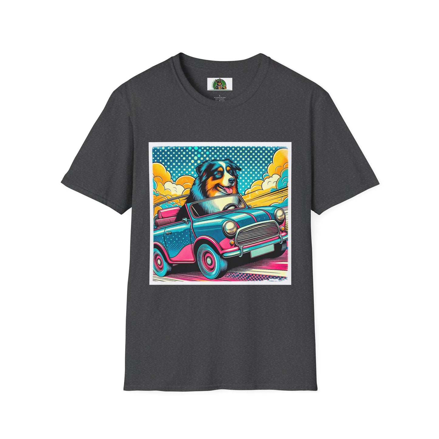 Wacky Australian Shepherd Dog In Colorful Car T-Shirt Printify XS Dark Heather
