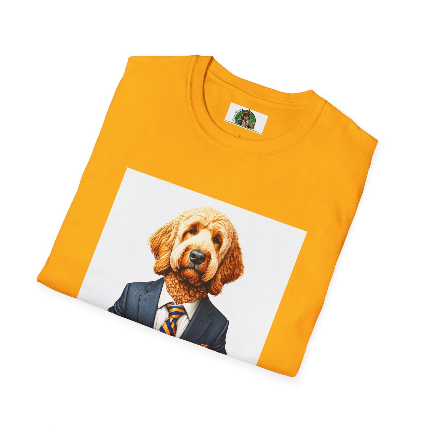 Golden Doodle sitting businessman