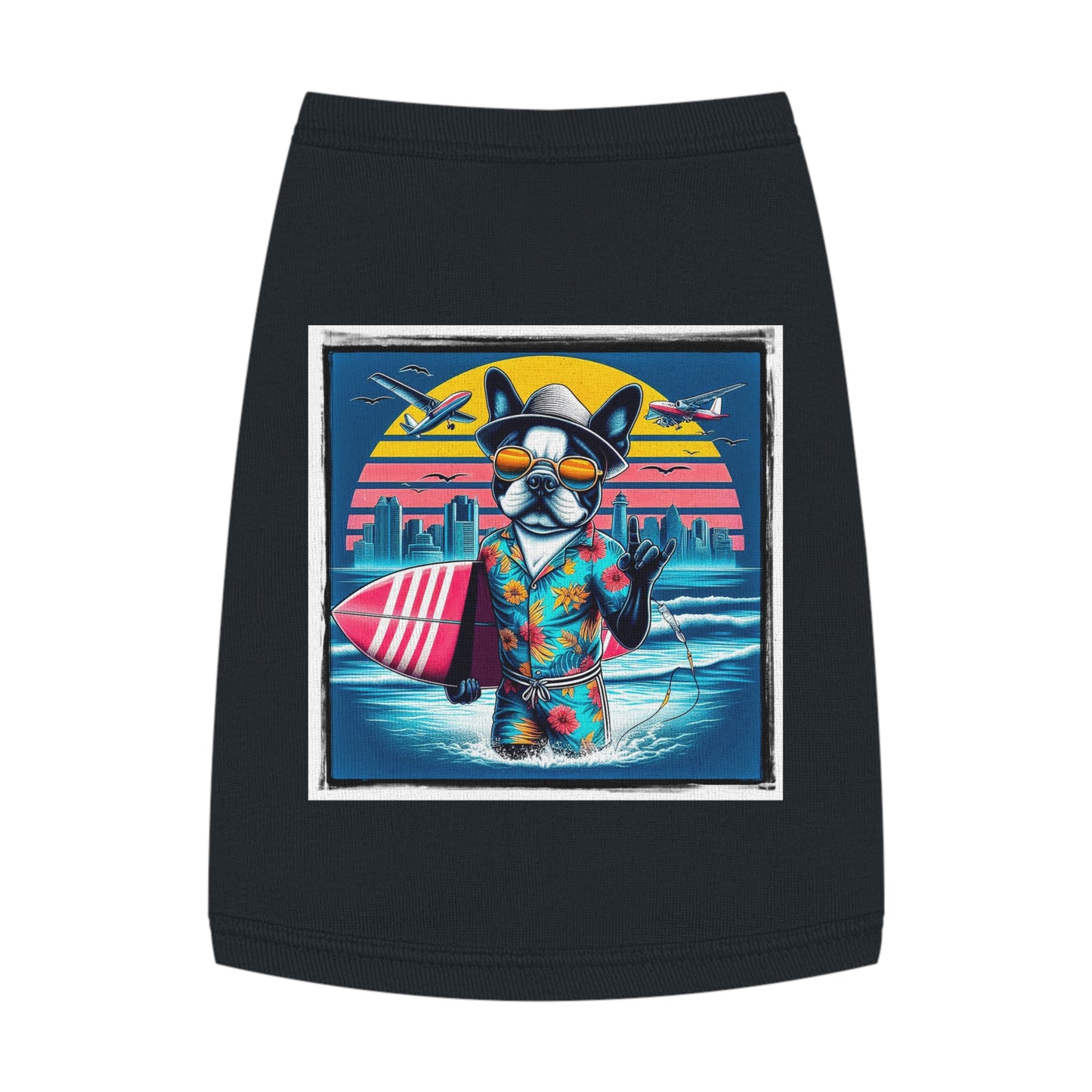 Pet Tank Top Boston Terrier Surfer Dog At Beach Pets Printify M Black 