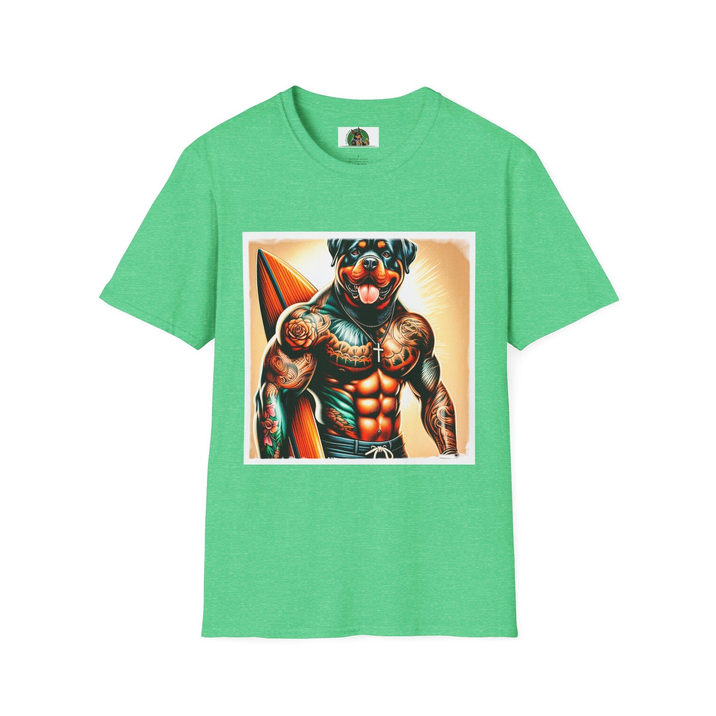 Rottweiler muscles surfer T-Shirt Printify S Heather Irish Green