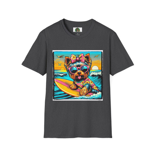 Yorkie girl surfer shirt T-Shirt Printify XS Dark Heather