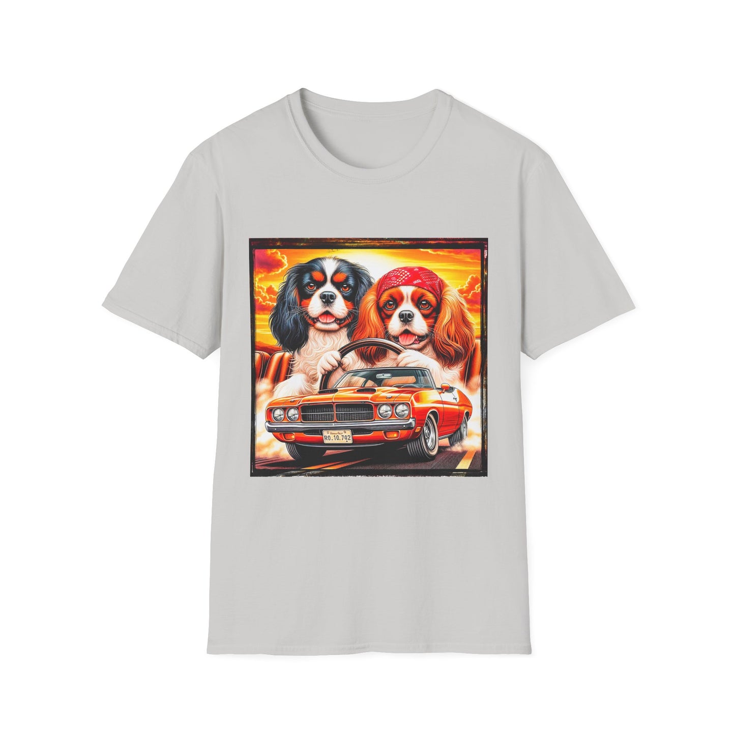 Cavalier King Charles Spaniel Hippie Couple Dogs In Car TShirt T-Shirt Printify S Ice Grey