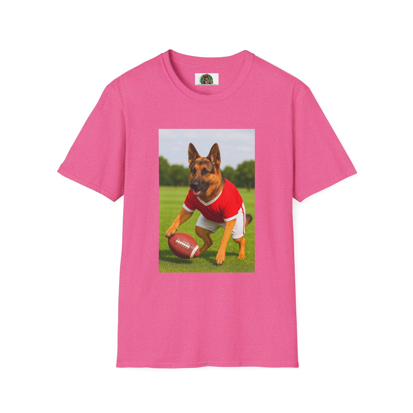 Sports German Shepherd Playing Football Unisex T-Shirt T-Shirt Printify Heather Heliconia S