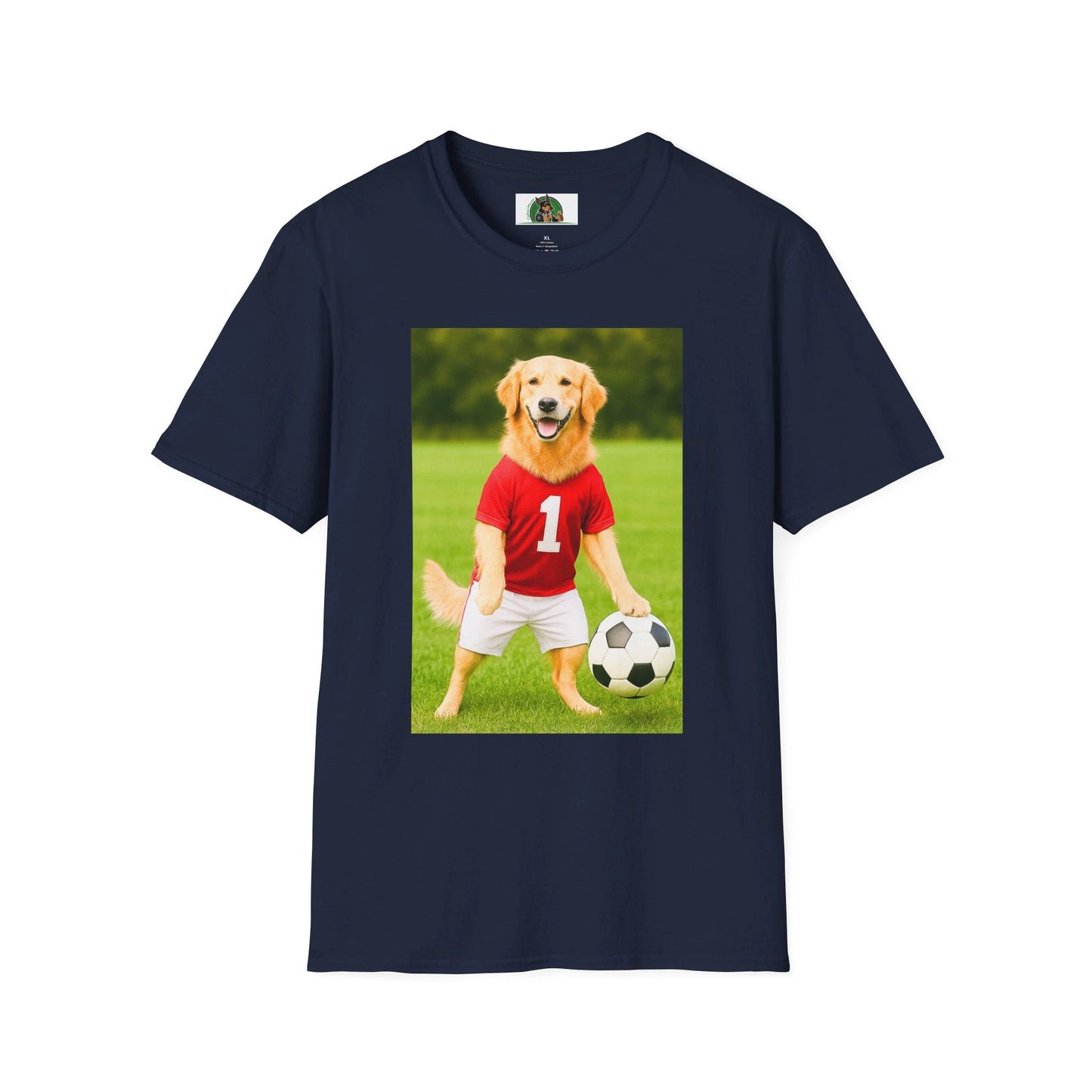 Golden Retriever Playing Soccer T-Shirt — Dog Soccer Tee Sports T-Shirt Printify Navy S