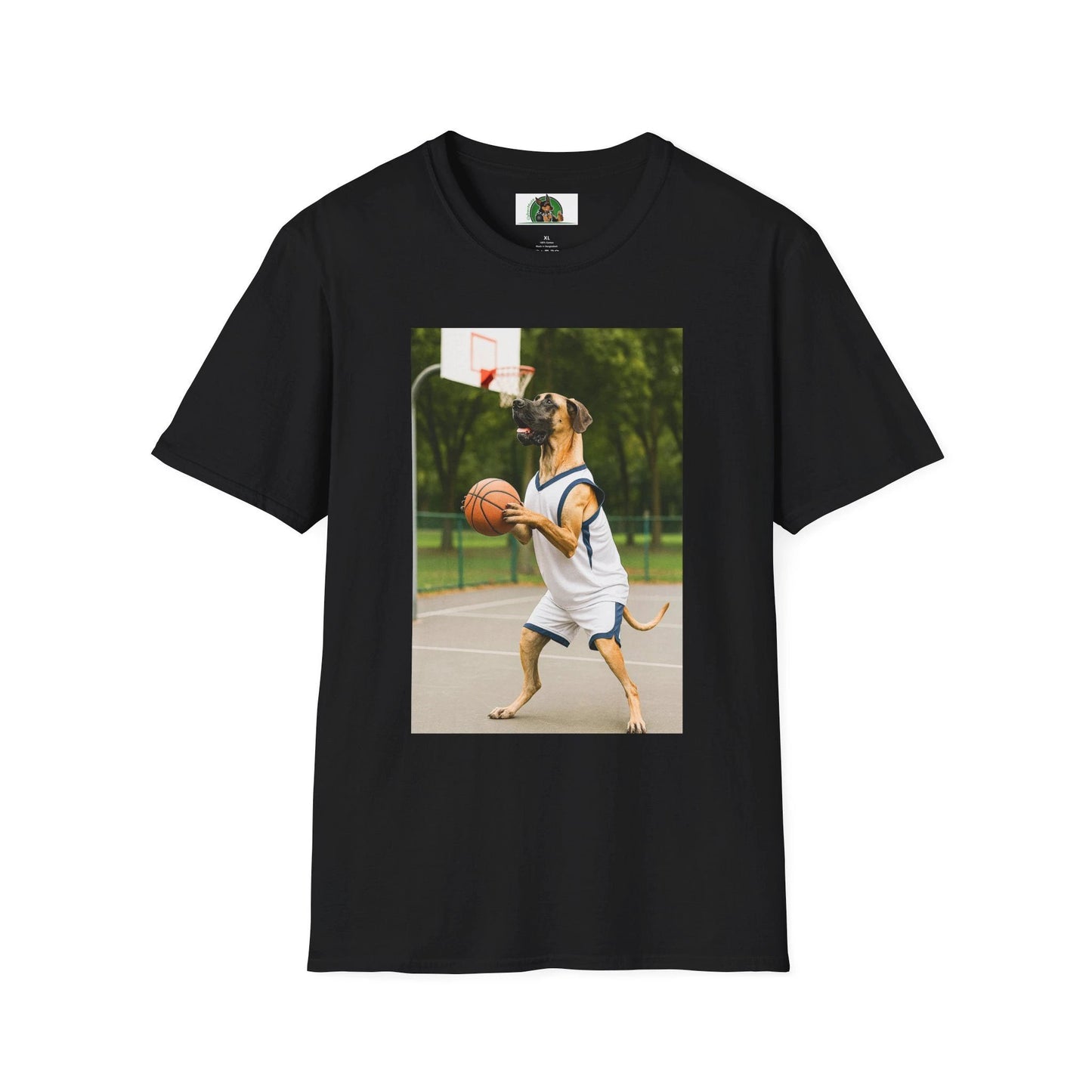 Great Dane Playing Basketball T-Shirt — Sports Dog Tee T-Shirt Printify Black S