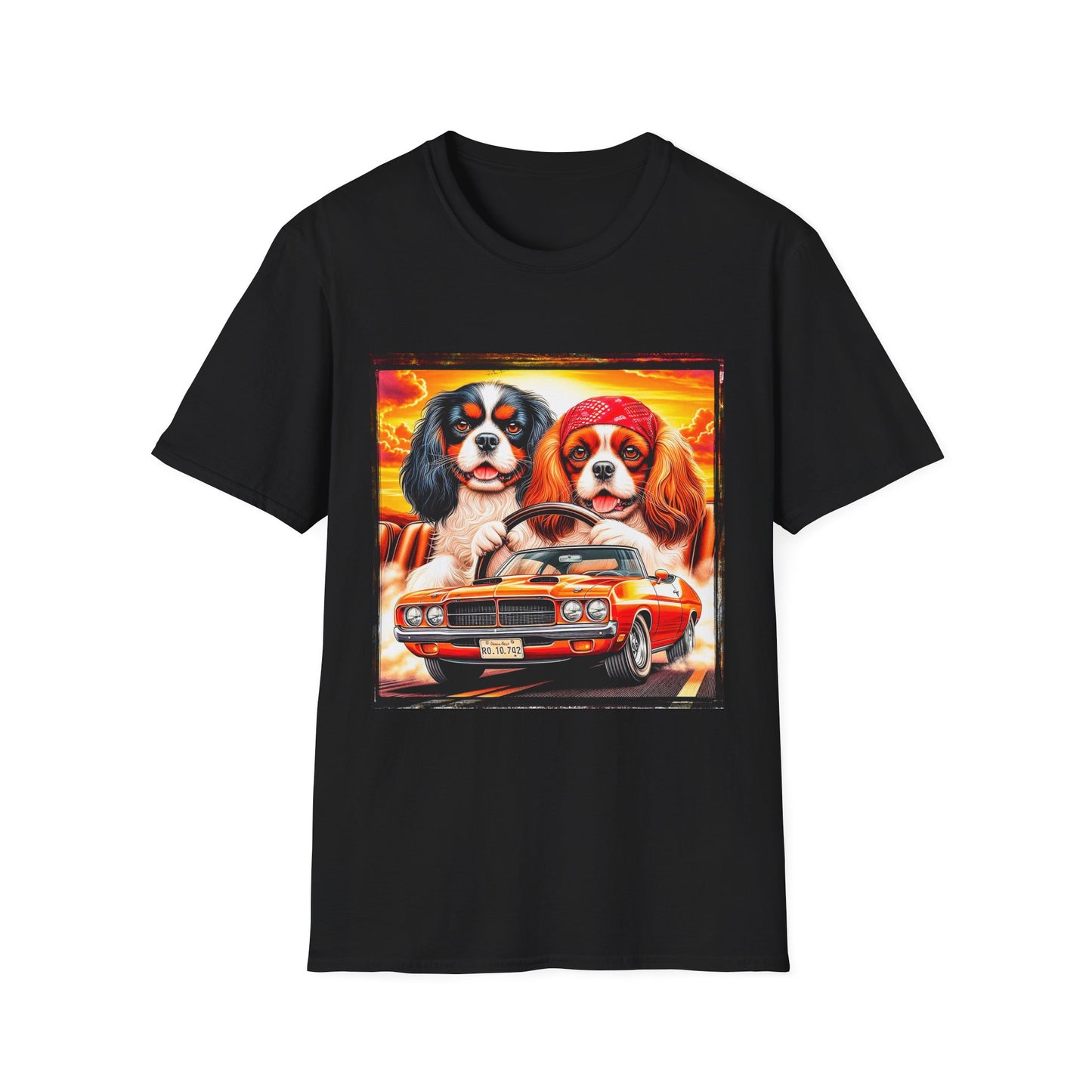 Cavalier King Charles Spaniel Hippie Couple Dogs In Car TShirt T-Shirt Printify XS Black