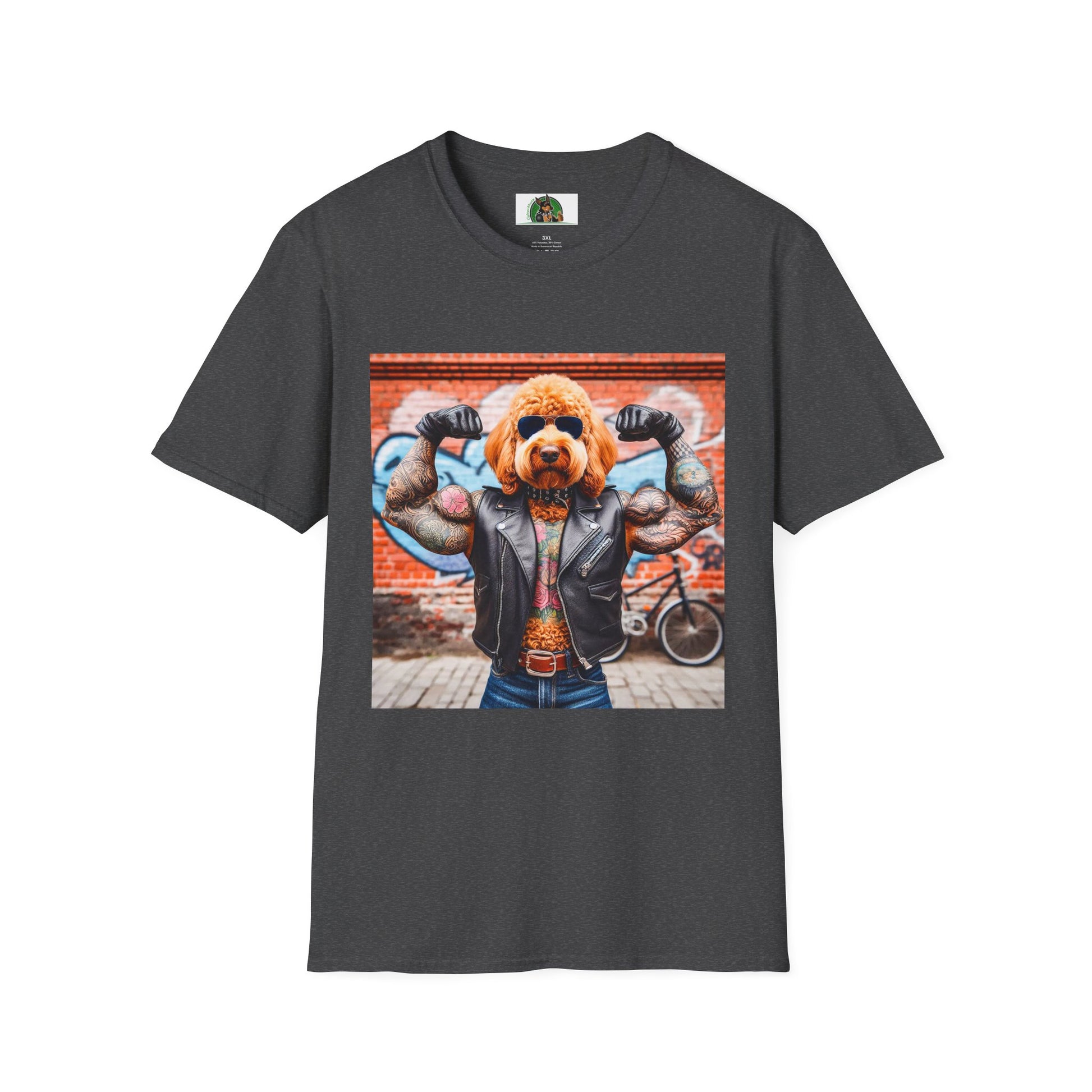 Golden Doodle muscles man t shirt T-Shirt Printify XS Dark Heather