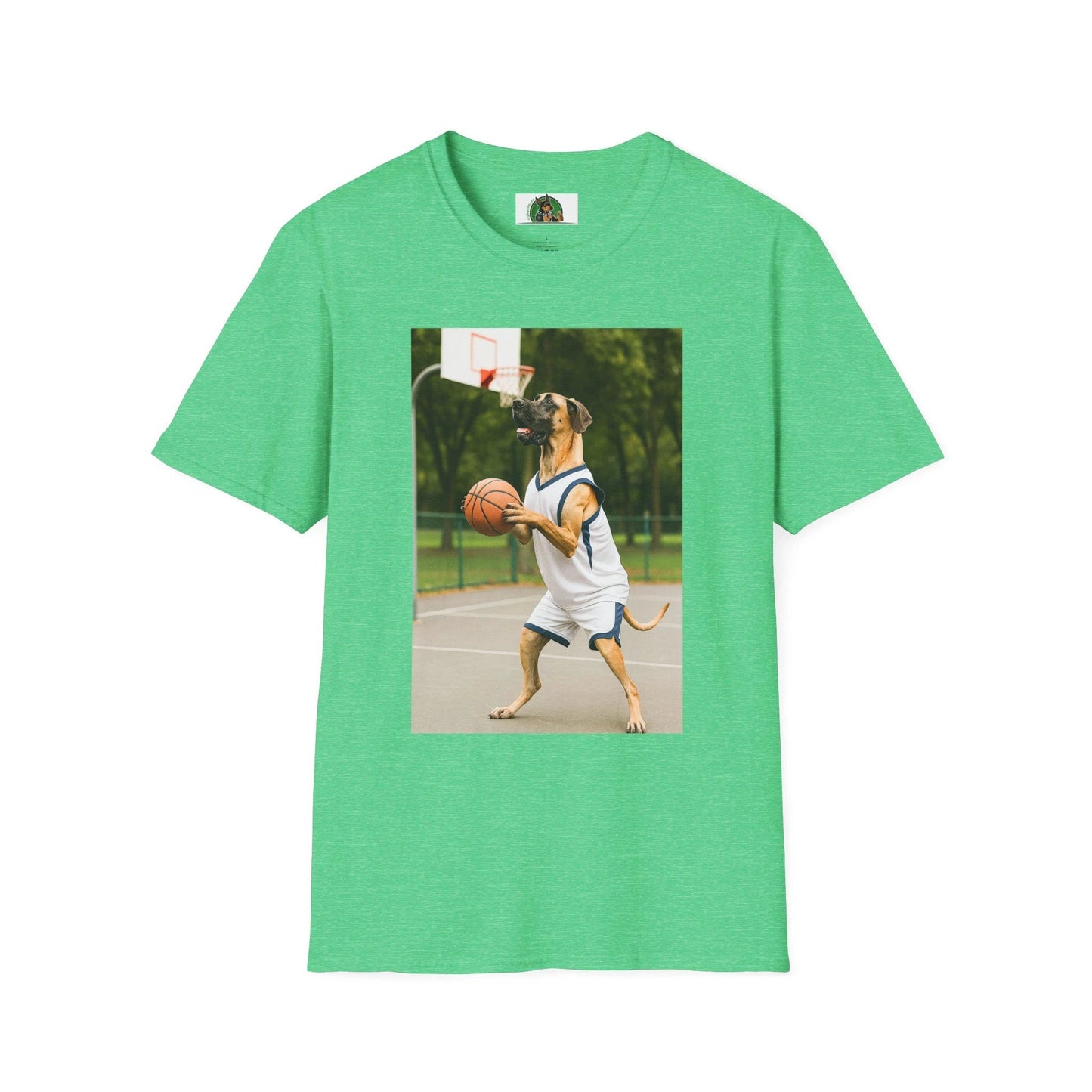 Great Dane Playing Basketball T-Shirt — Sports Dog Tee T-Shirt Printify Heather Irish Green S