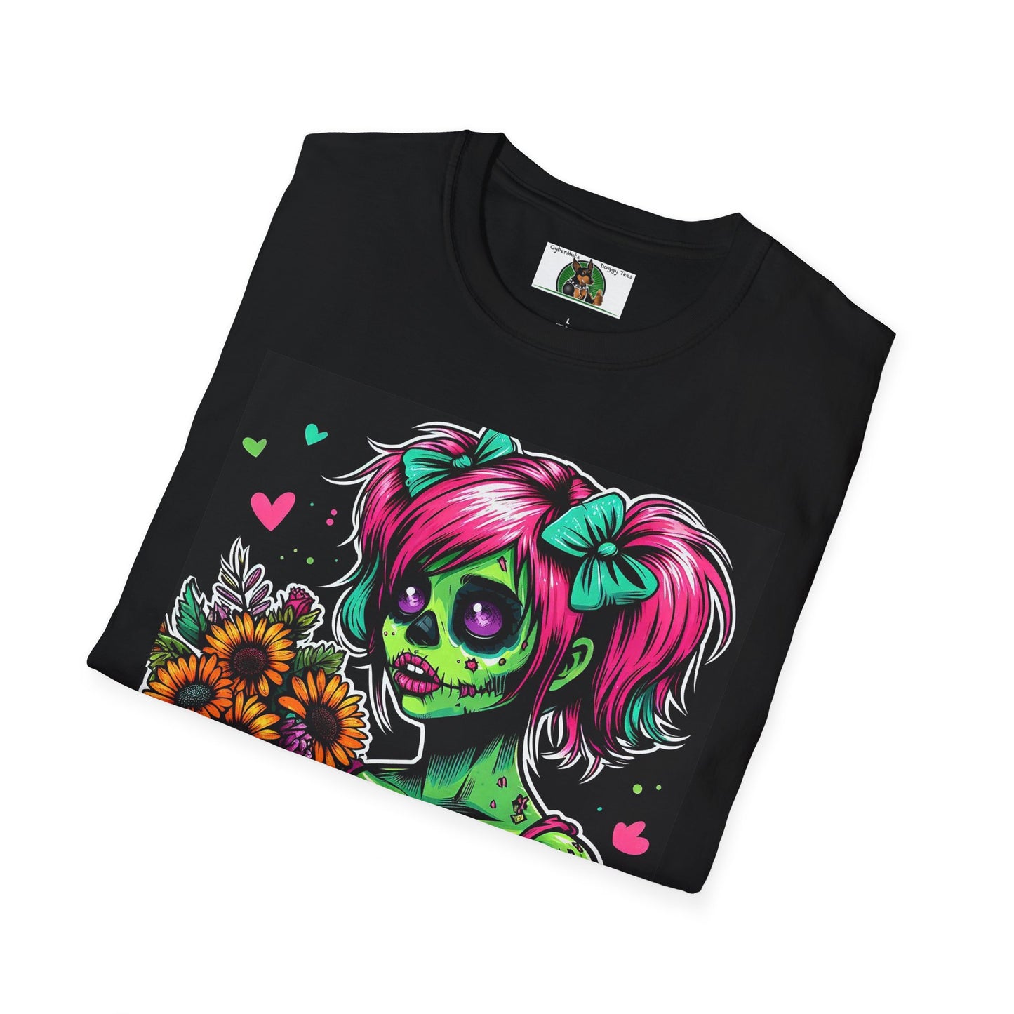 Zombie Pinup Girl with Flowers T-Shirt Printify   