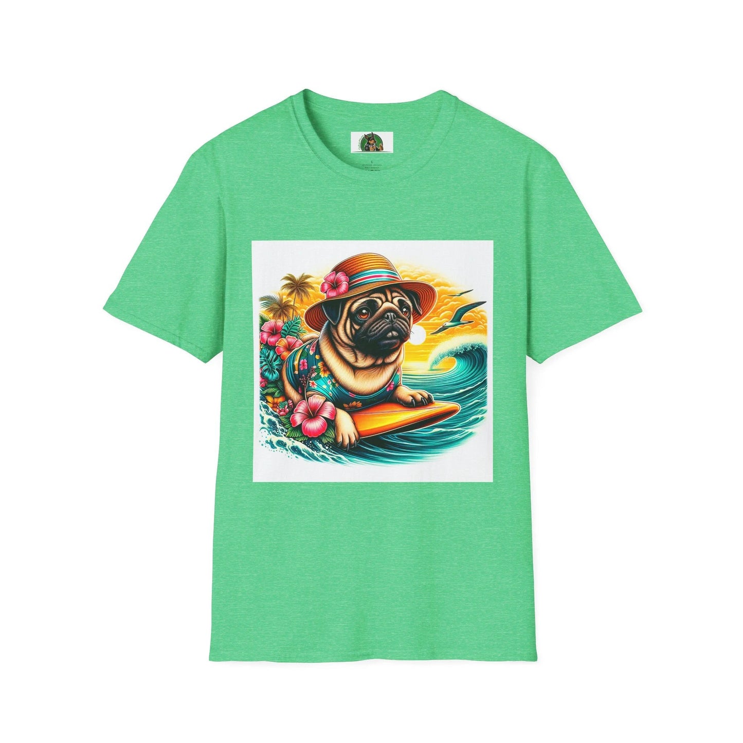 Surfer Pug T-Shirt T-Shirt Printify S Heather Irish Green