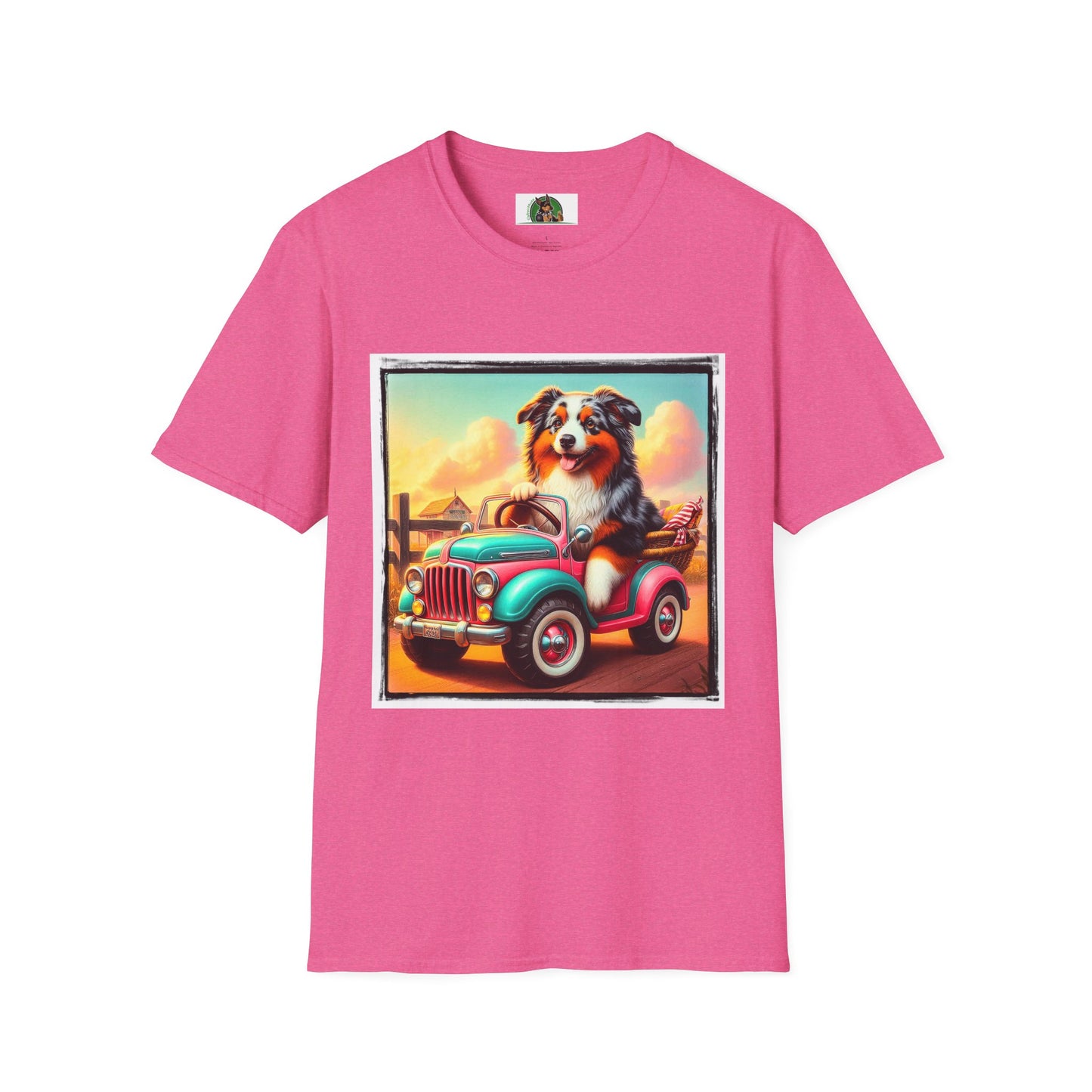 Wacky Australian Shepherd Dog In Mini Truck T-Shirt Printify S Heather Heliconia 