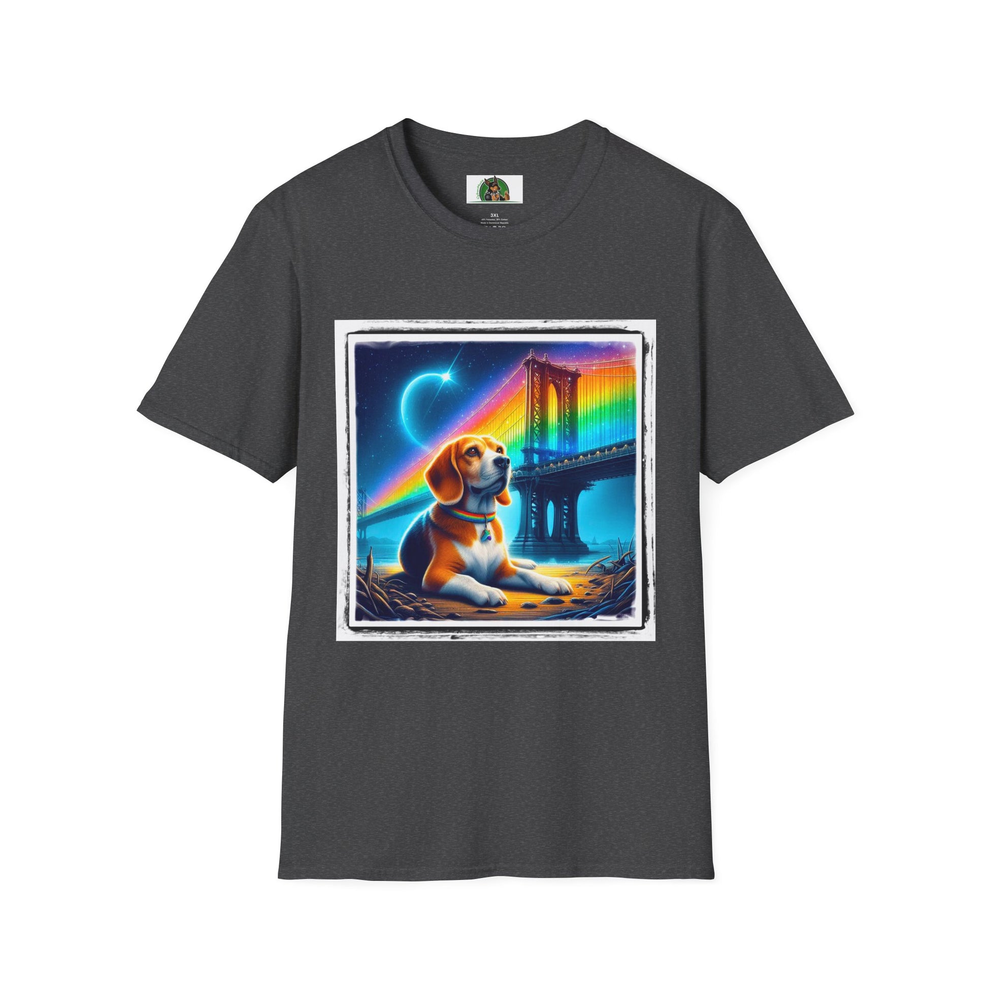 Beagle Sitting Under Rainbow Bridge T-Shirt Printify XS Dark Heather 