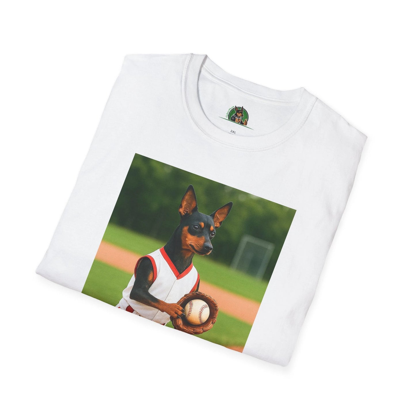 Min Pin Baseball Tee — Miniature Pinscher Dog Lover Sports T-Shirt T-Shirt Printify