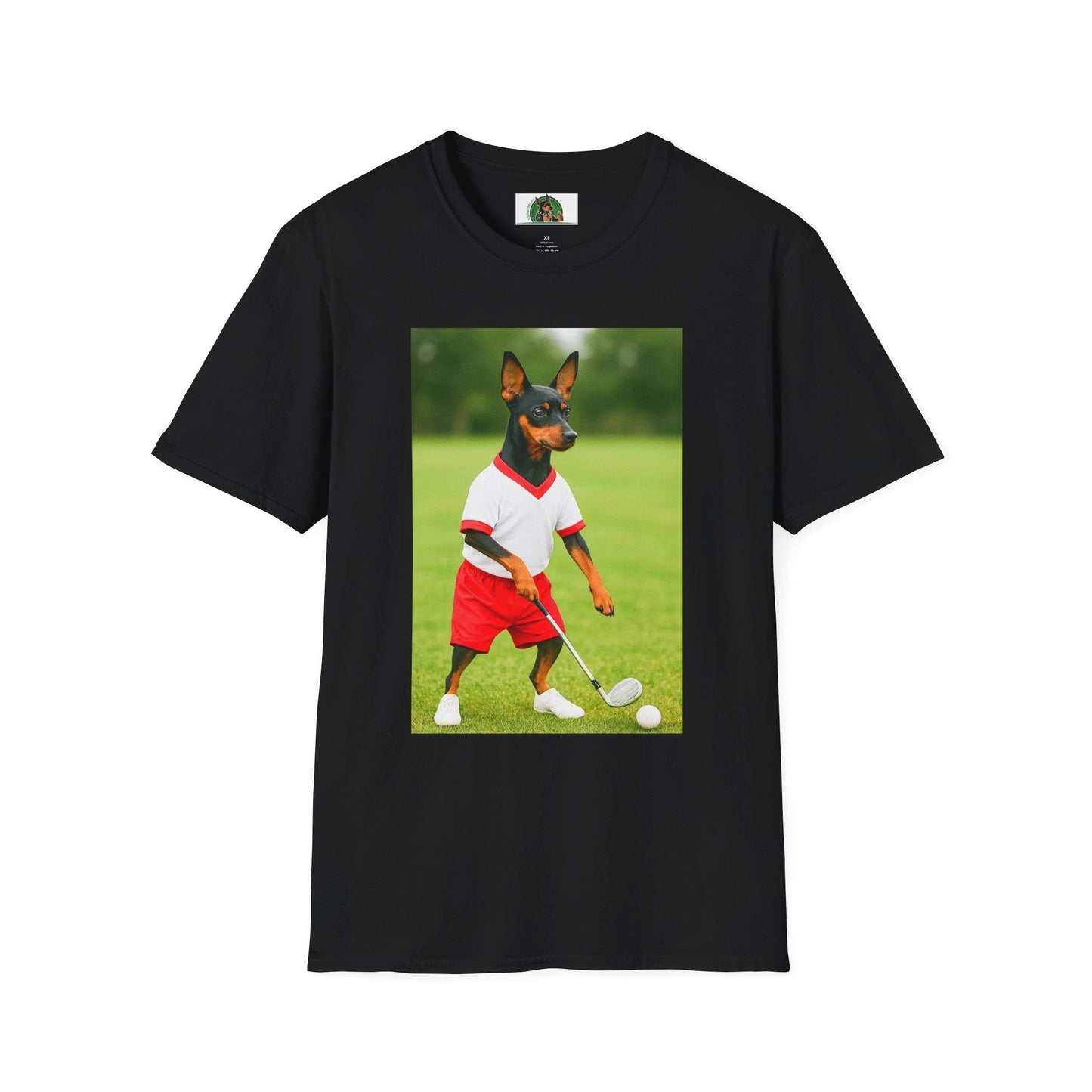 Miniature Pinscher 'Min Pin Golf Tee' T-Shirt — Sports Dog Lover Golf Shirt T-Shirt Printify Black S
