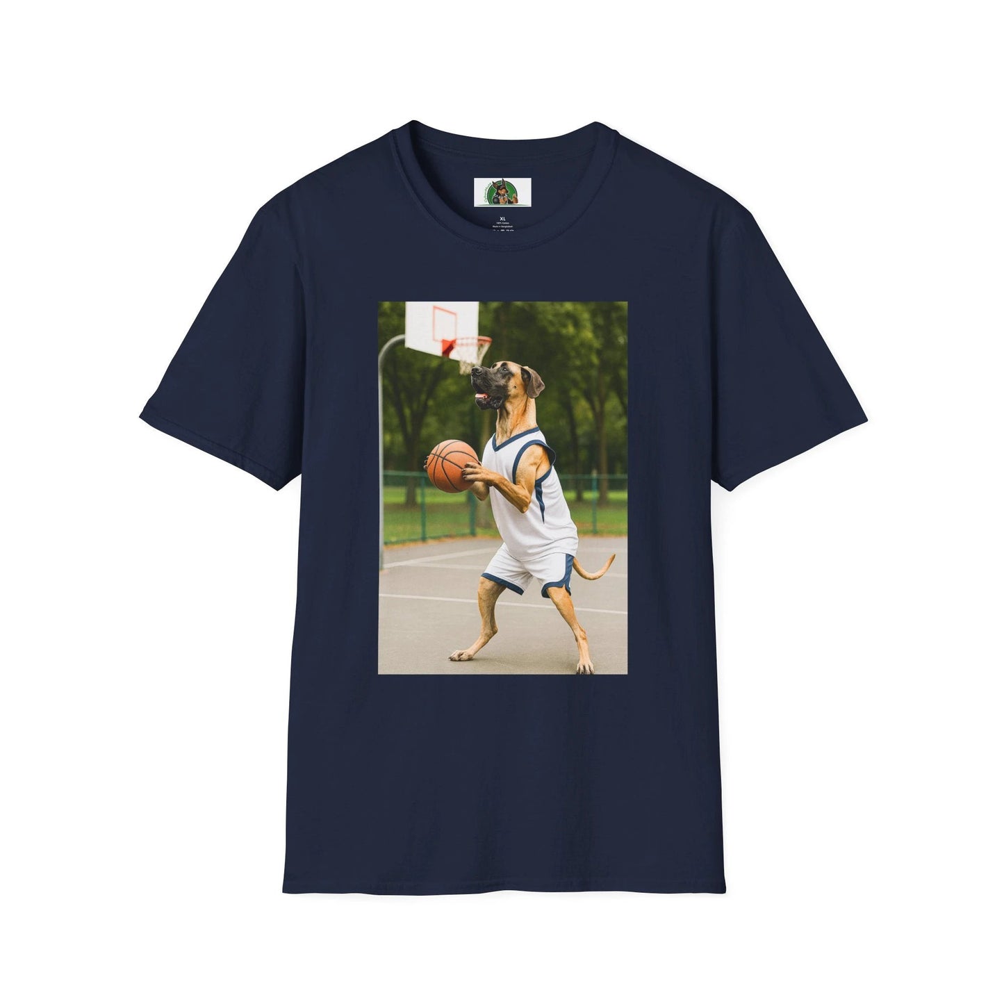 Great Dane Playing Basketball T-Shirt — Sports Dog Tee T-Shirt Printify Navy S