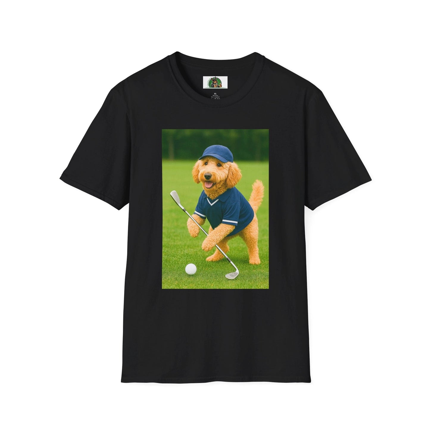 Golden Doodle Playing Golf T-Shirt — Sports Dog Golfing Tee T-Shirt Printify Black S