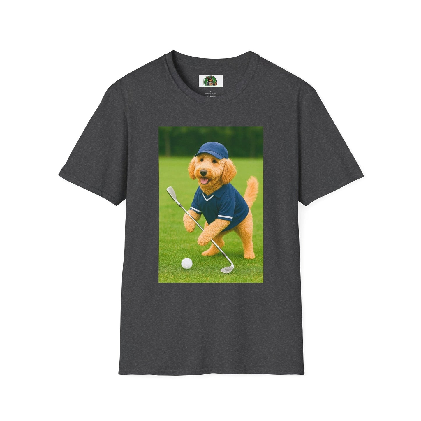 Golden Doodle Playing Golf T-Shirt — Sports Dog Golfing Tee T-Shirt Printify Dark Heather S