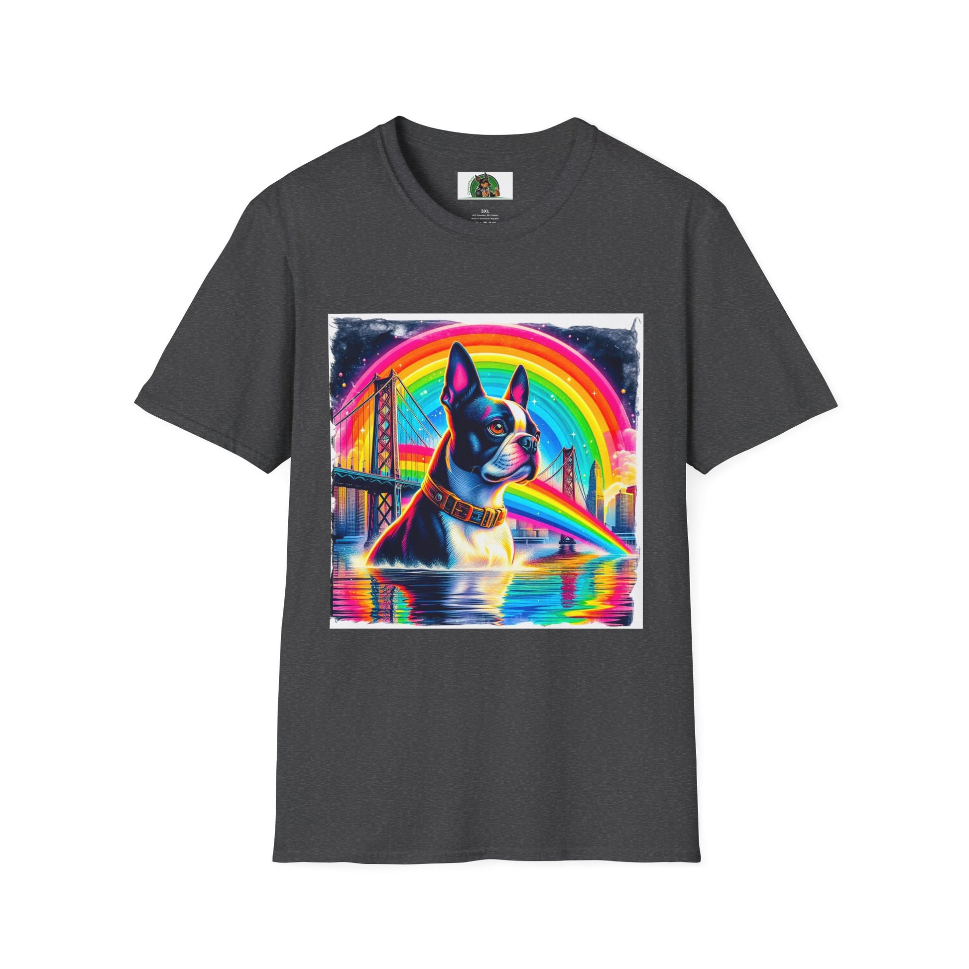 Boston Terrier Rainbow Bridge Dog At Beach T-Shirt Printify XS Dark Heather 