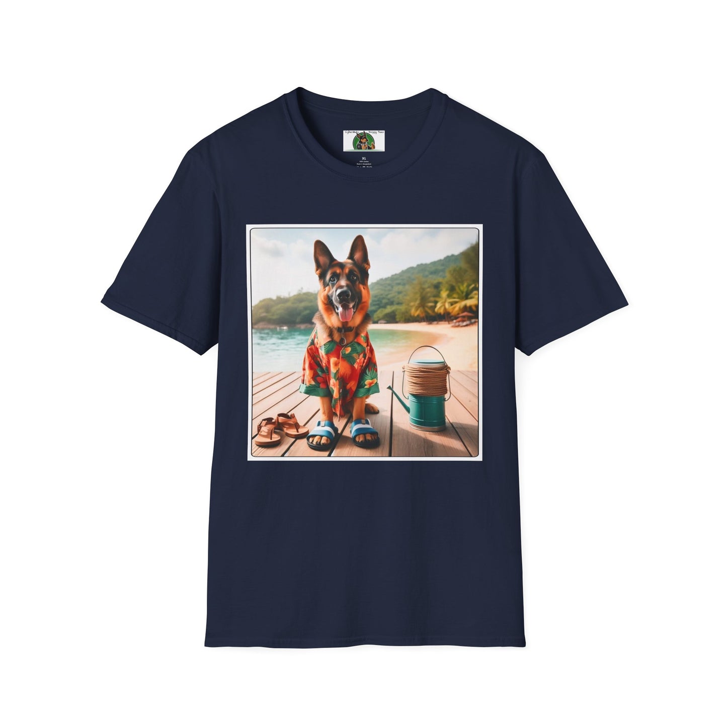 German Shepherd Dog "Beachin" Unisex Softstyle T-Shirt T-Shirt Printify S Navy