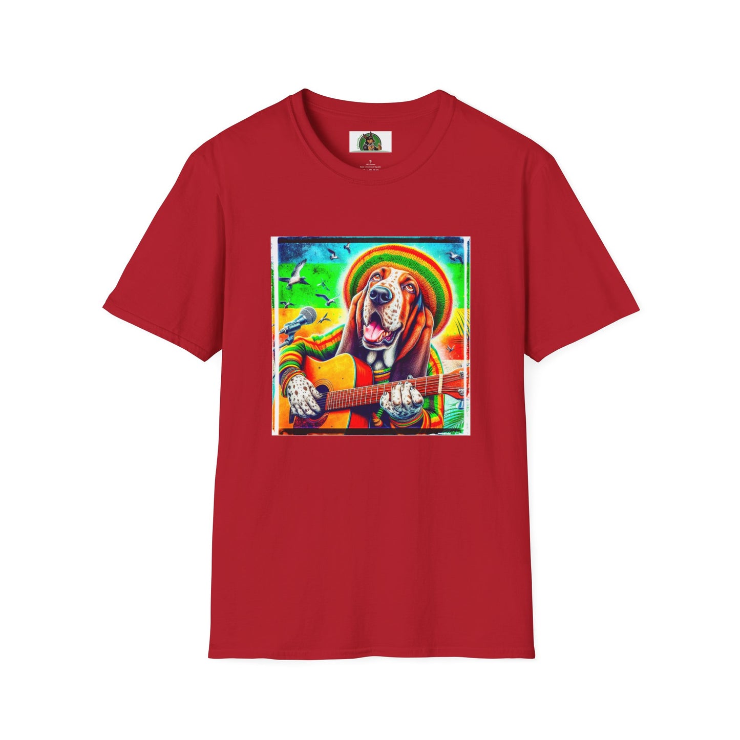 Basset Hound Rasta Dog Playing Guitar T-Shirt Printify S Cherry Red 