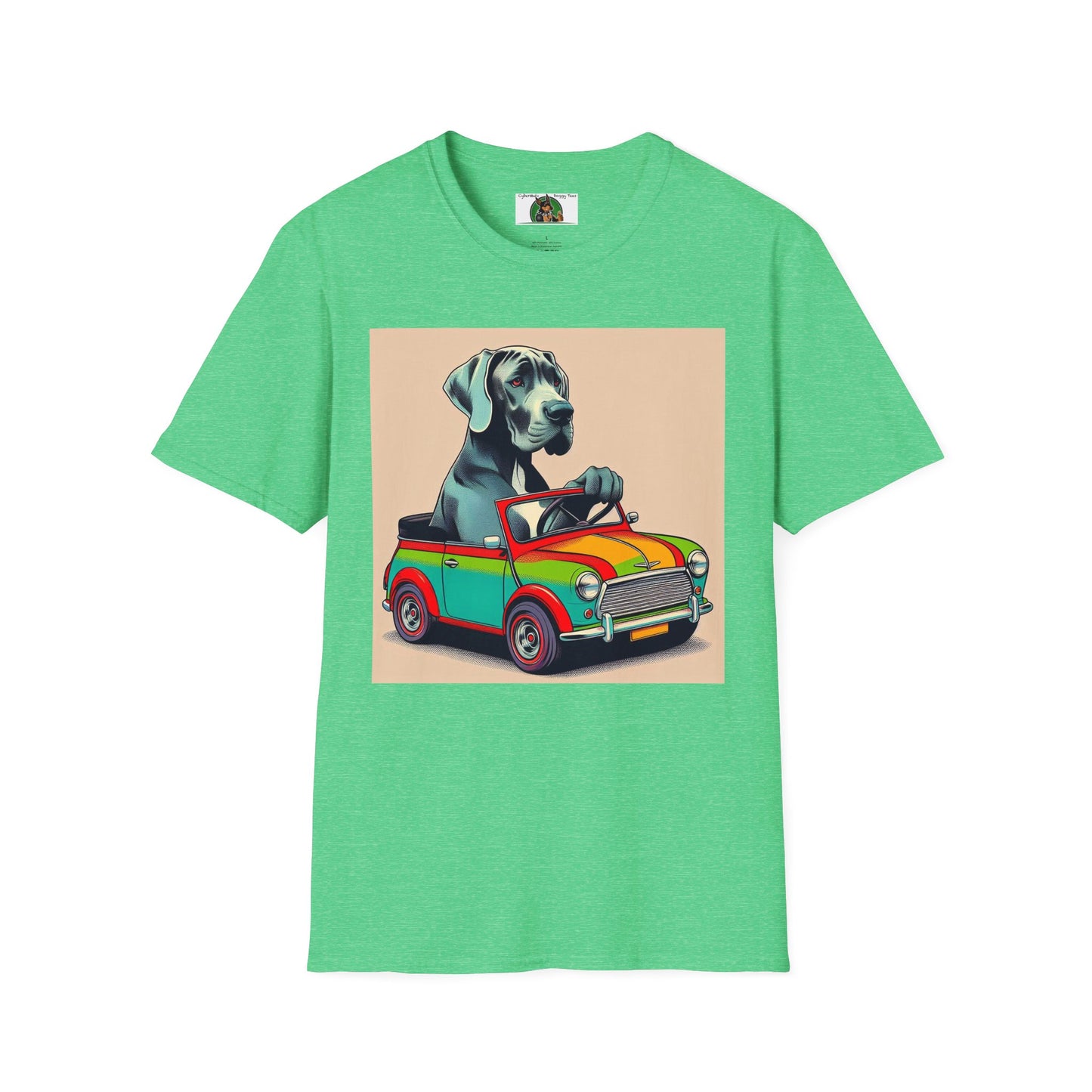 Labrador in a Wacky Little Car T-Shirt Printify Heather Irish Green S 