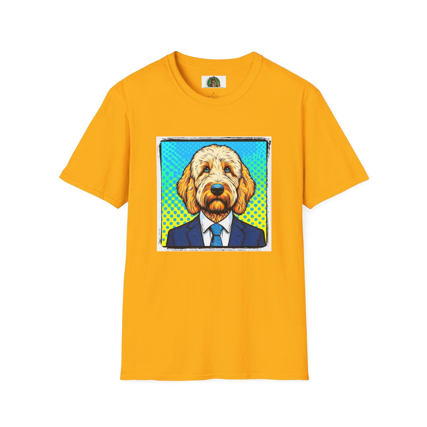 Golden Doodle blue suit t shirt T-Shirt Printify S Gold