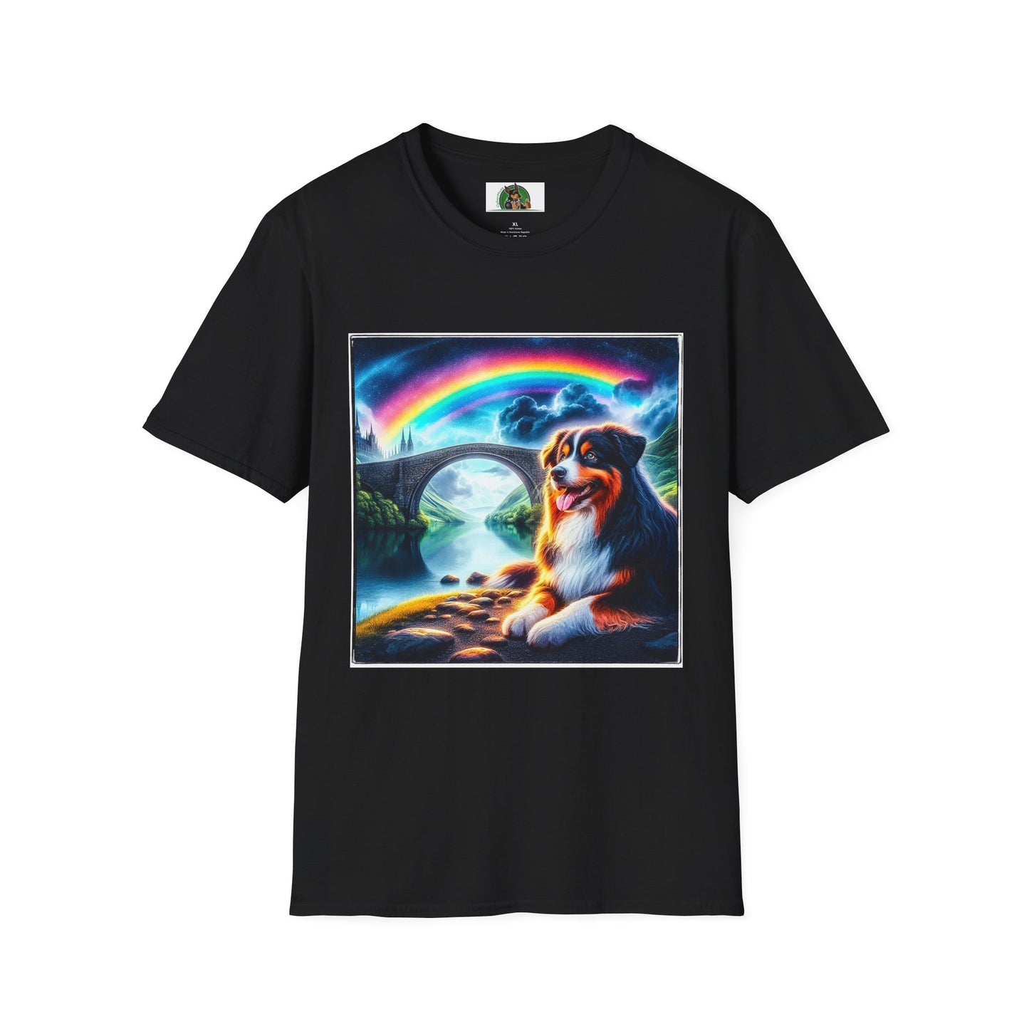 Australian Shepherd Rainbow Bridge And Lake T-Shirt Printify XS Black 