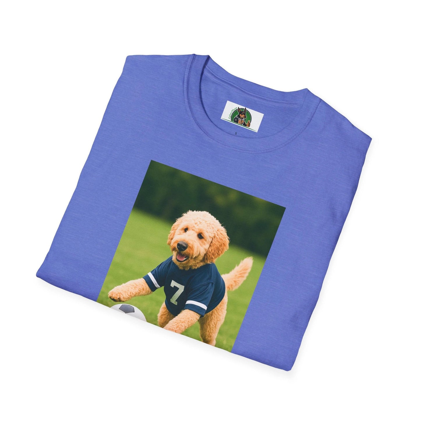 Golden Doodle Soccer T-Shirt — Sports Dog Playing Soccer by Printify