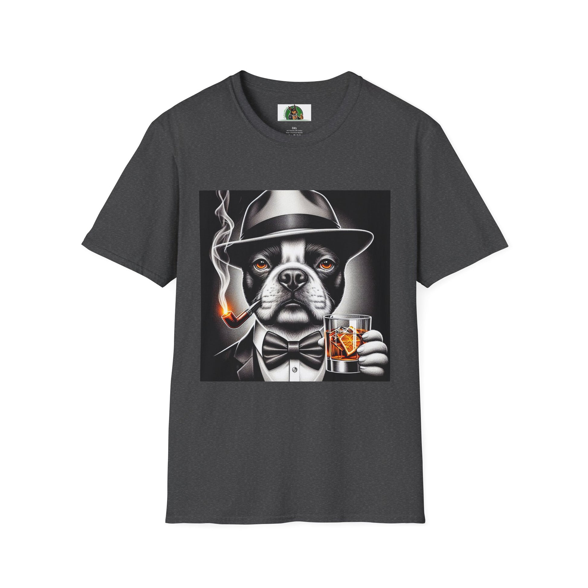 Boston Terrier Dog Smoking Pipe Drinking Whiskey T-Shirt Printify XS Dark Heather 