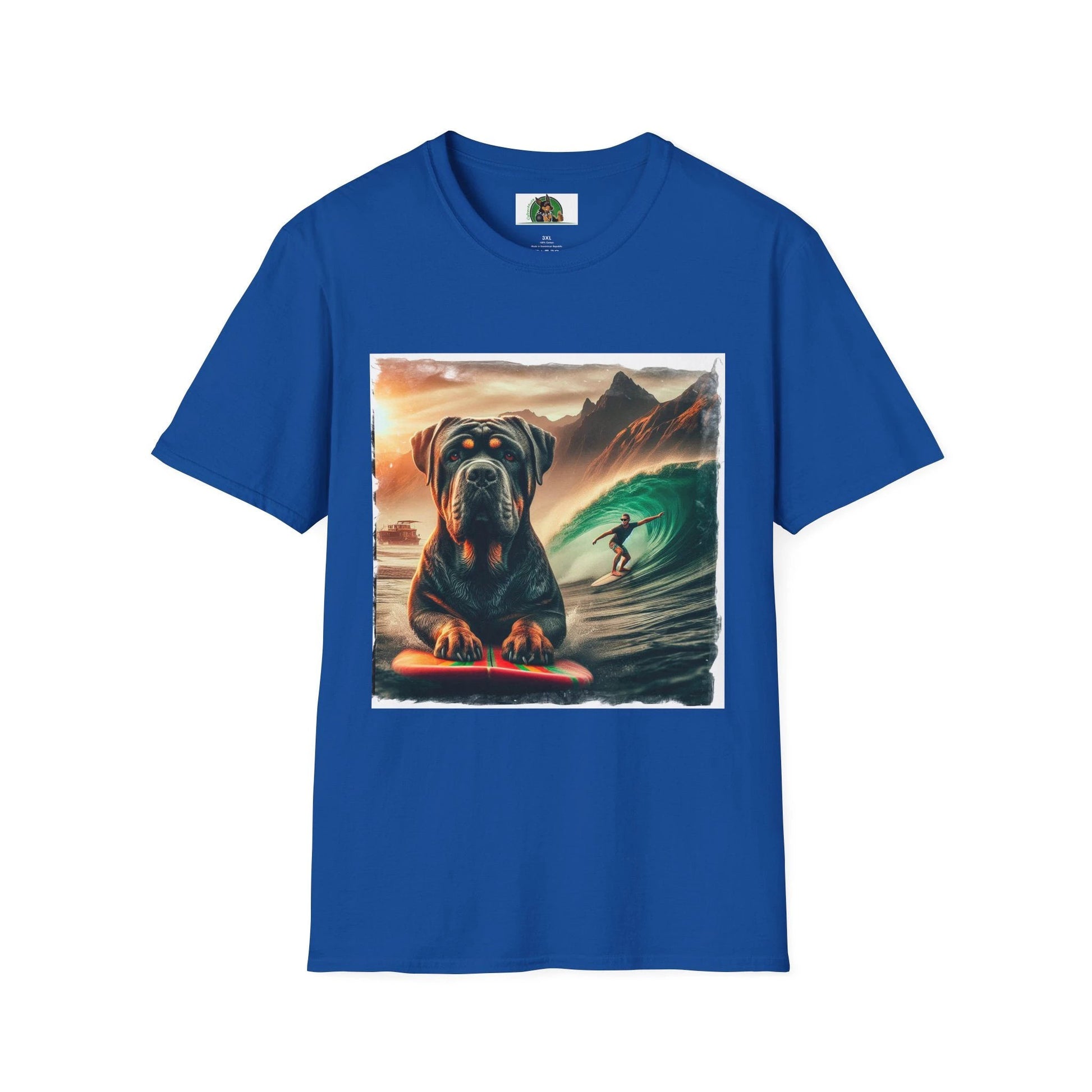 Cane Corso Surfer Dog At The Beach Italian Mastiff Portrait For Dog Lovers And Beach Decor Enthusiasts T-Shirt Printify XS Royal