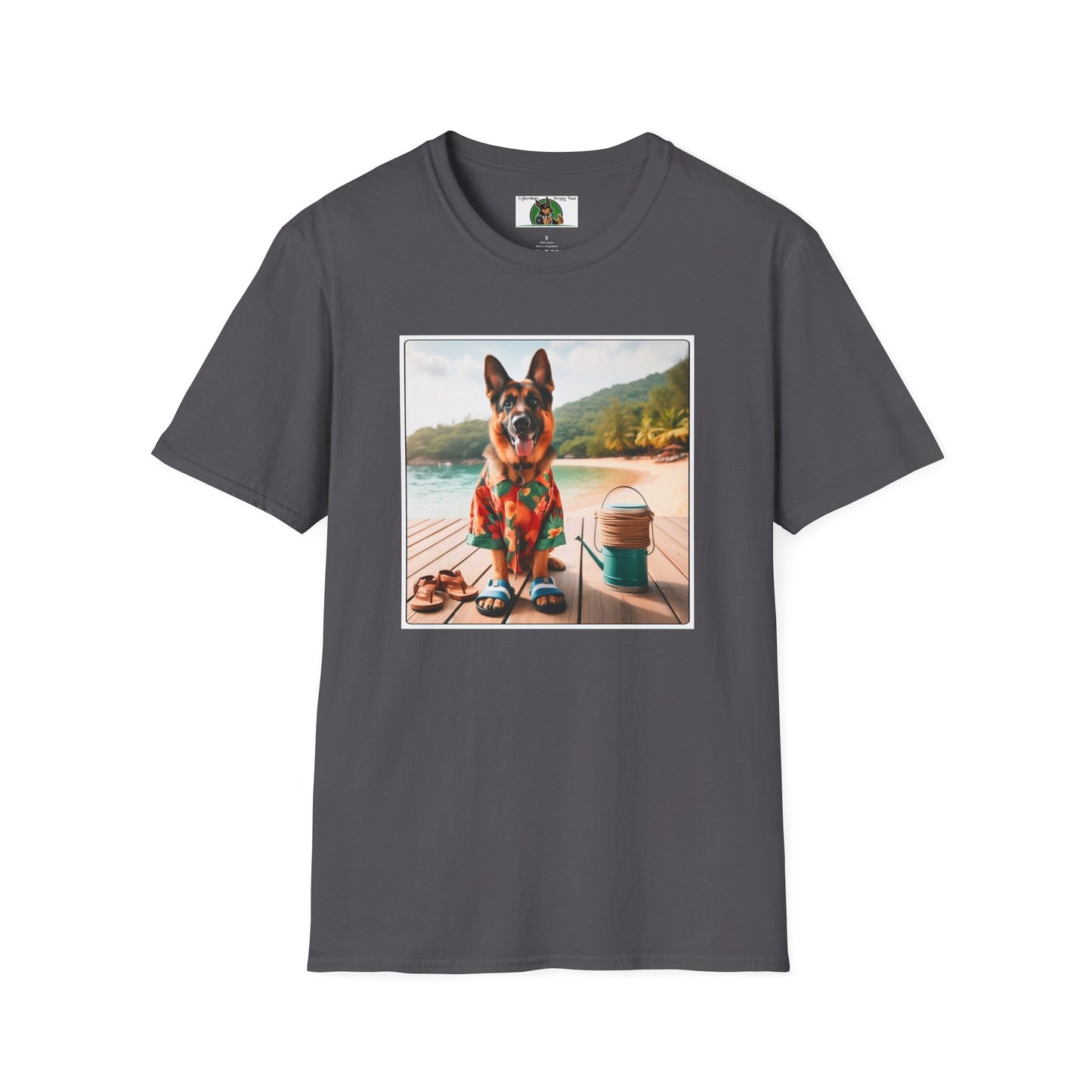 German Shepherd Dog "Beachin" Unisex Softstyle T-Shirt T-Shirt Printify S Charcoal