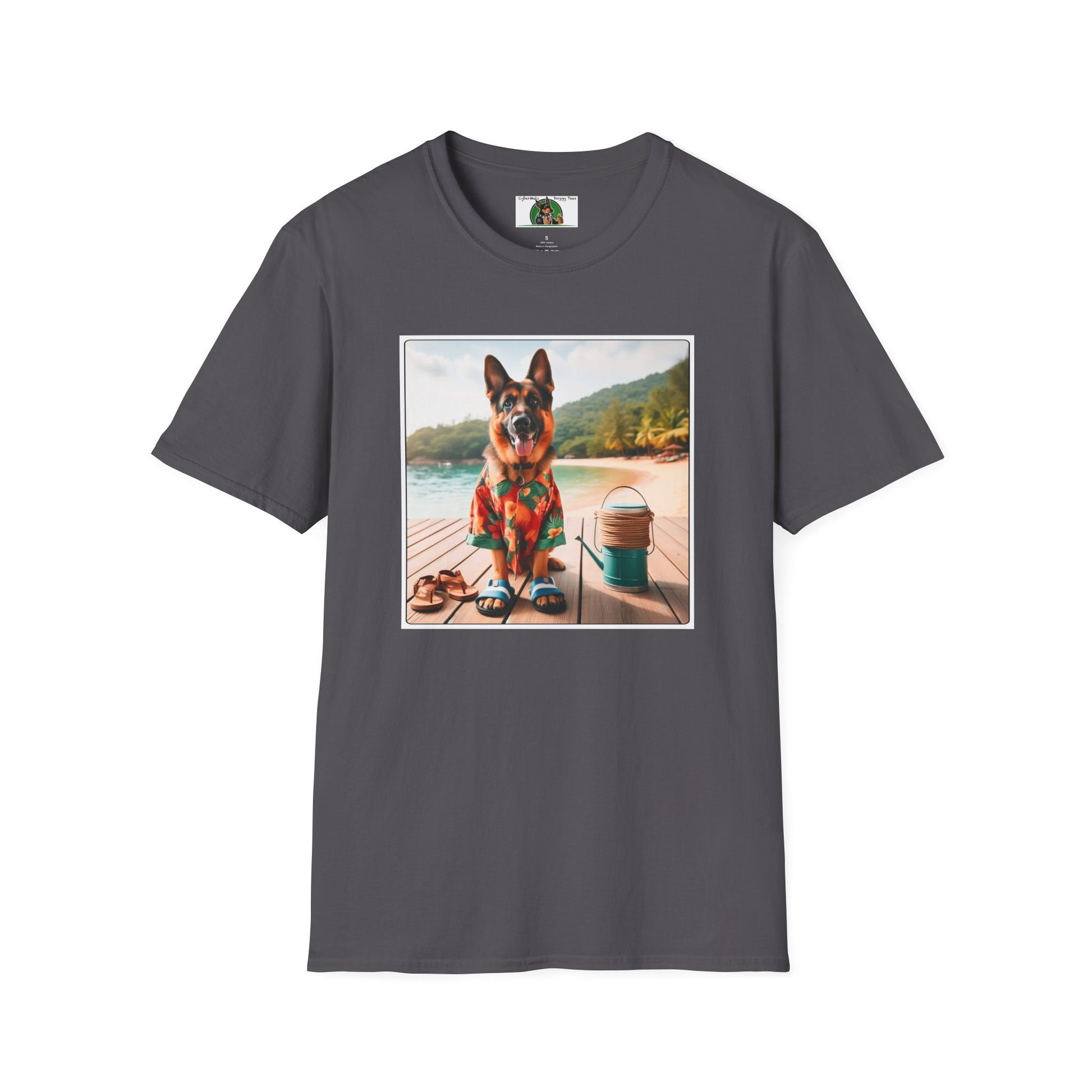 German Shepherd Dog "Beachin" Unisex Softstyle T-Shirt T-Shirt Printify S Charcoal