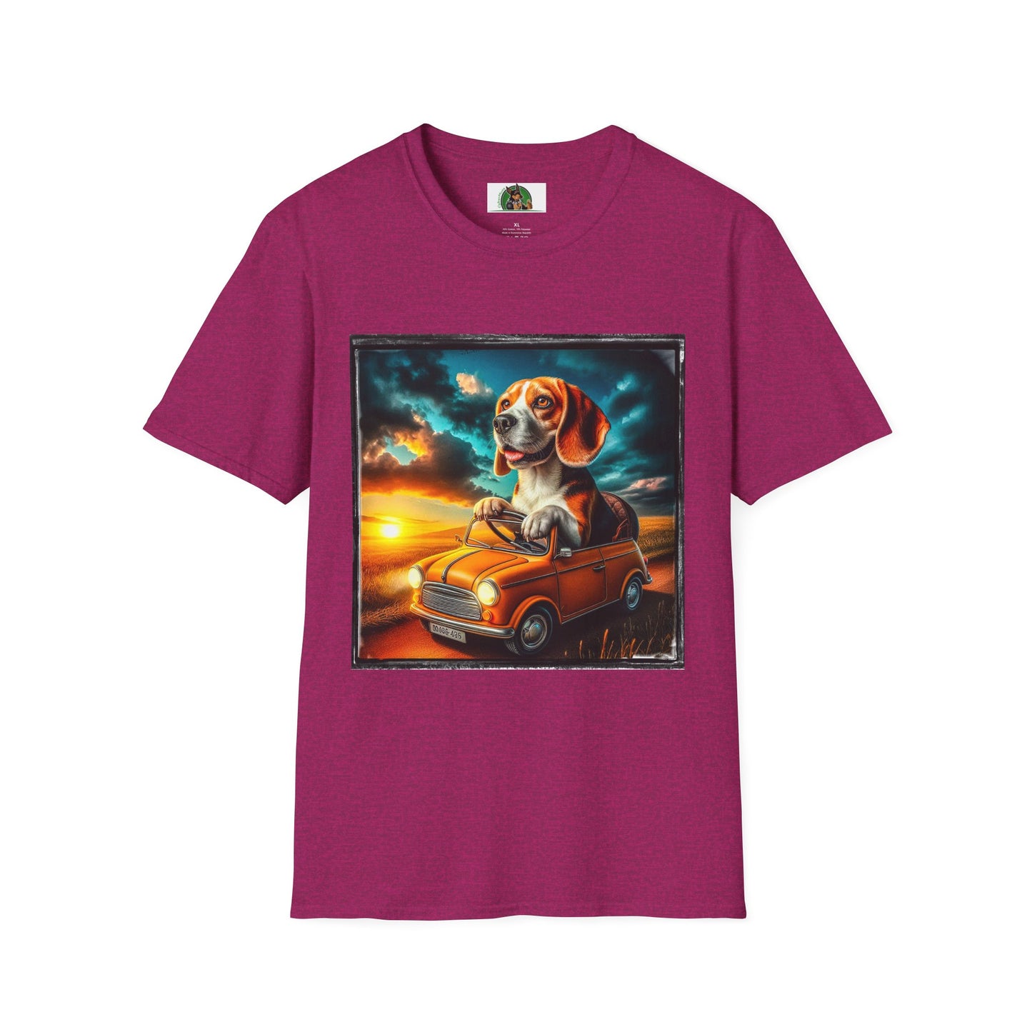 Wacky Beagle Driving Tiny Car In Sunset T-Shirt Printify S Antique Heliconia 