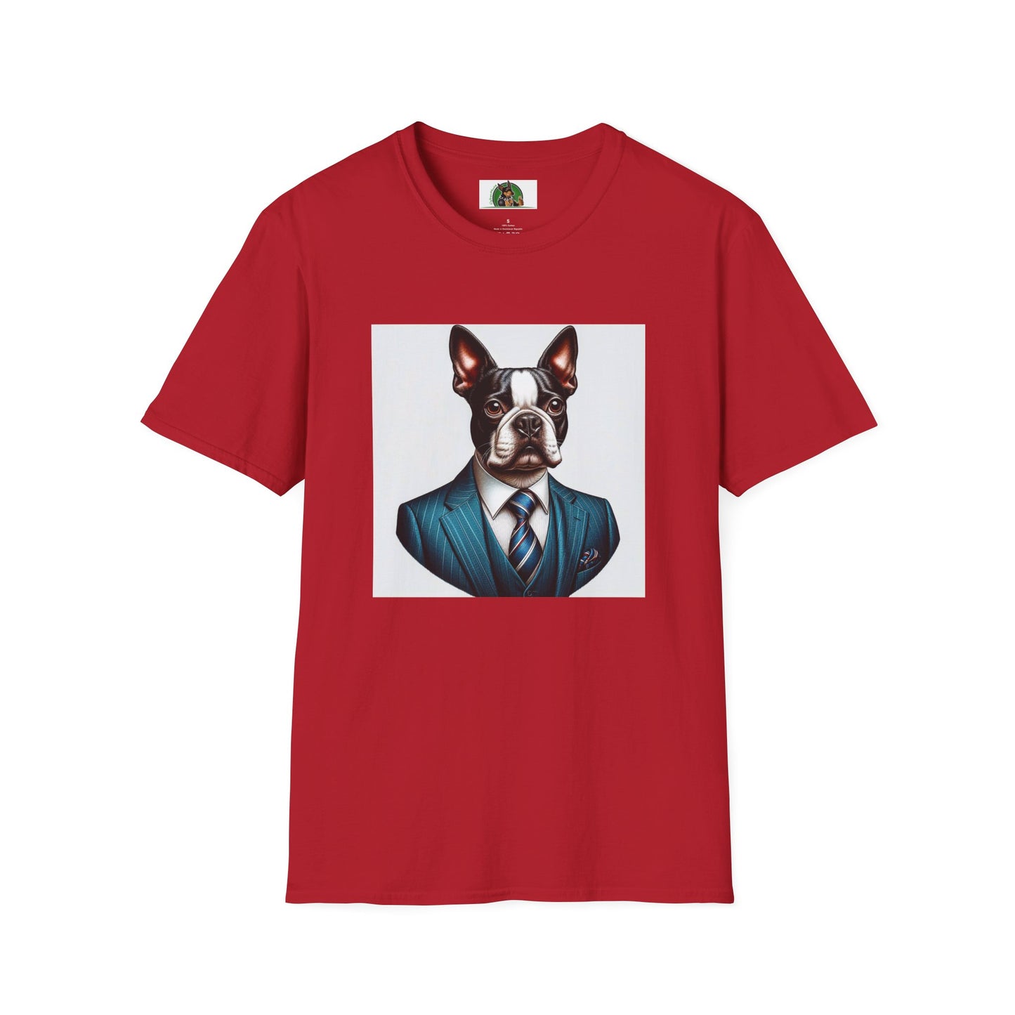 Boston Terrier Dog In Blue Suit TShirt T-Shirt Printify S Cherry Red 