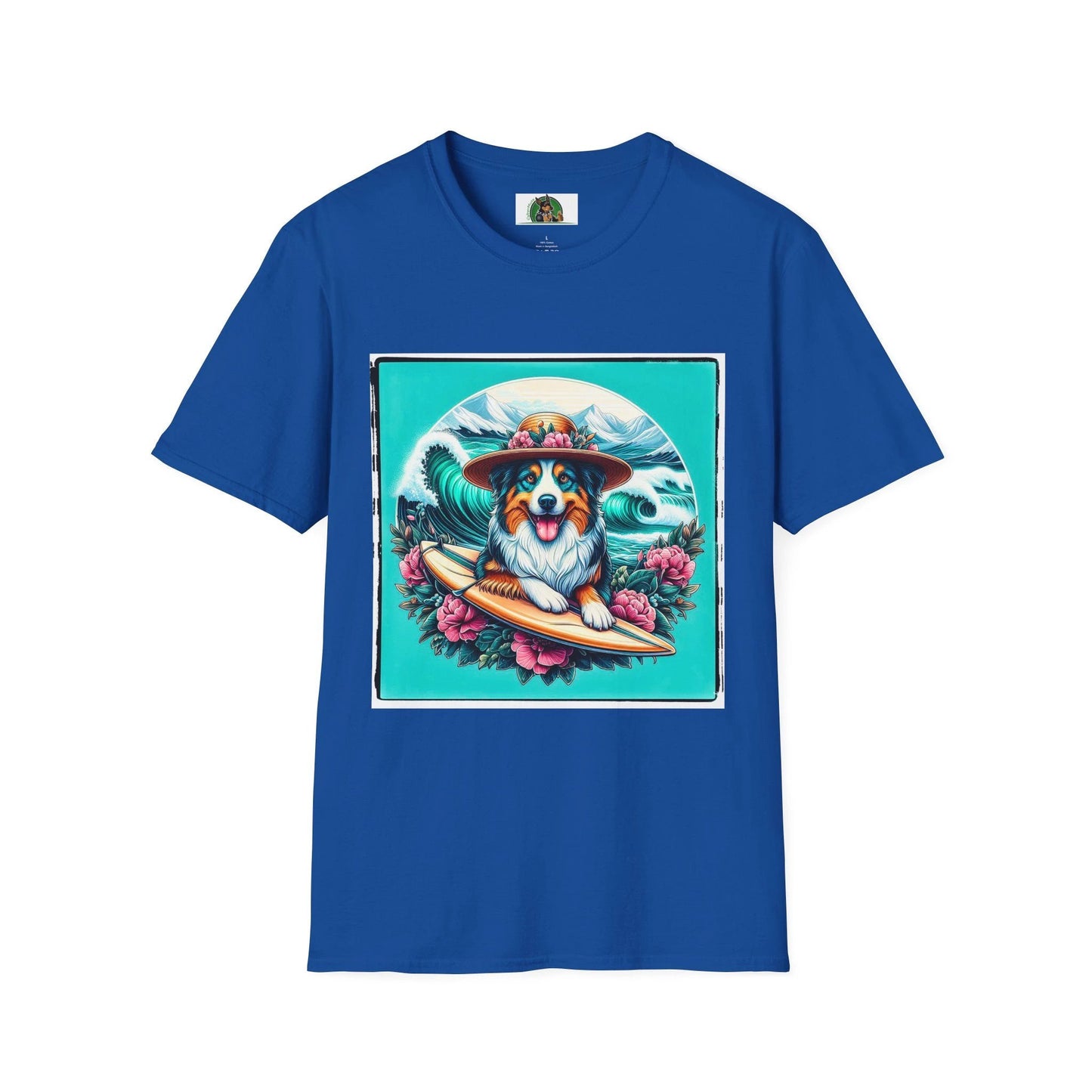 Australian Shepherd Unisex Tee With Floral Hat Surfer Dog Design For Ocean Lovers T-Shirt Printify XS Royal