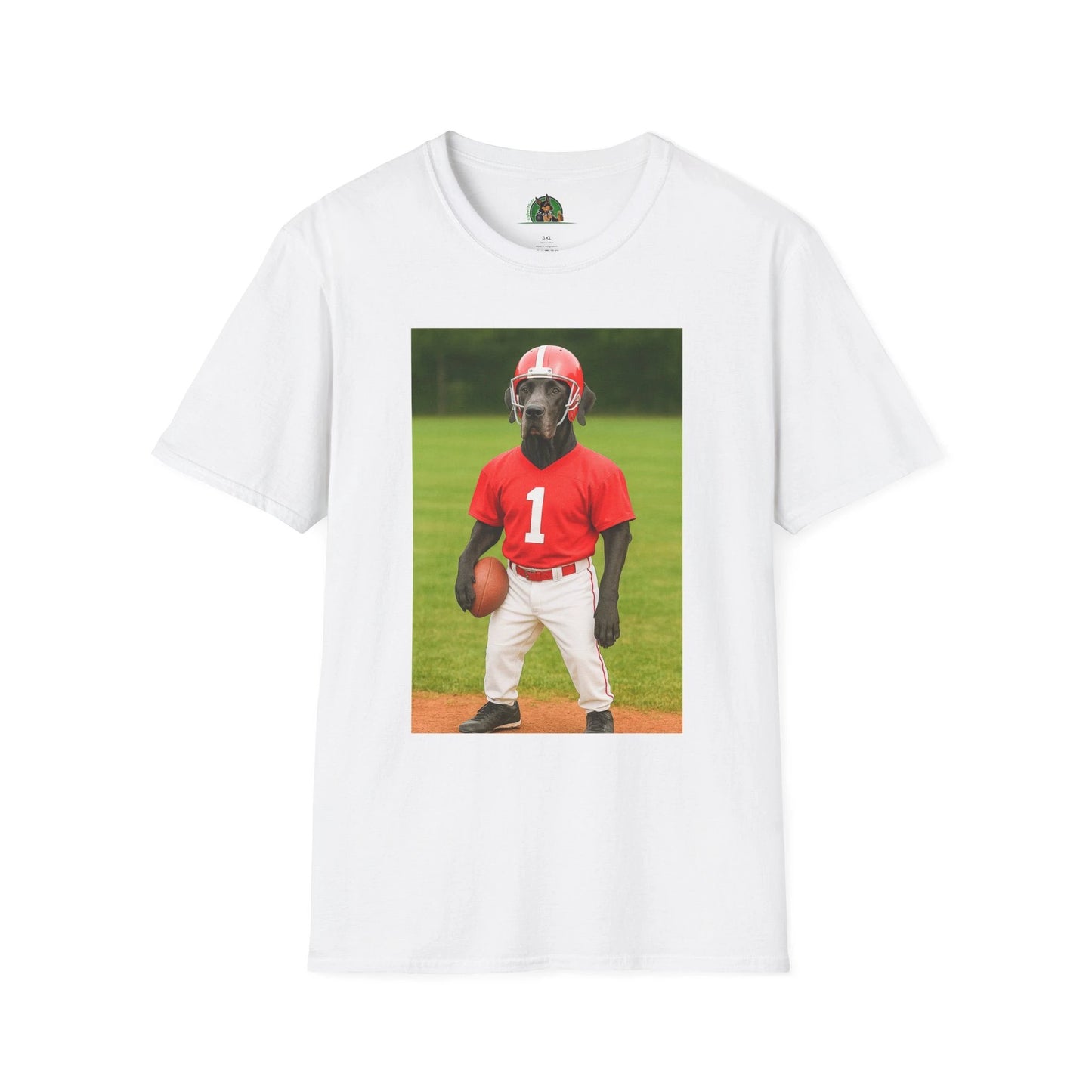 Great Dane Playing Football T-Shirt — Sports Dog Tee T-Shirt Printify White S