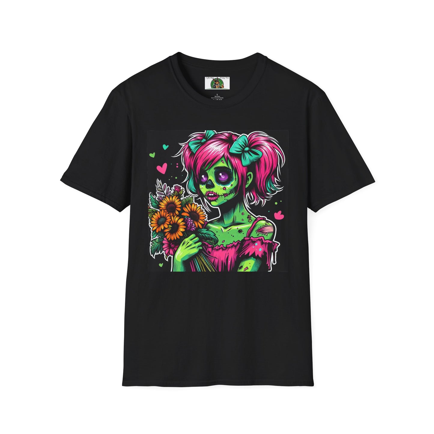 Zombie Pinup Girl with Flowers T-Shirt Printify Black S 