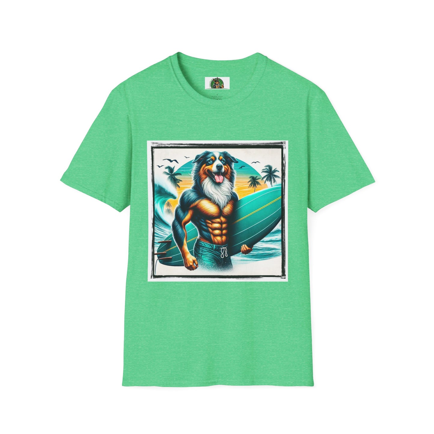 Australian Shepherd Turquoise Surf Board Beach Dog T-Shirt Printify S Heather Irish Green