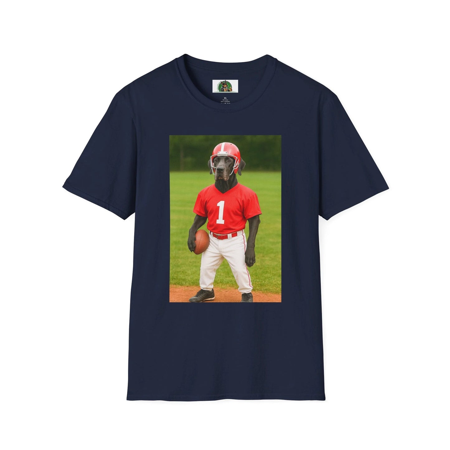 Great Dane Playing Football T-Shirt — Sports Dog Tee T-Shirt Printify Navy S