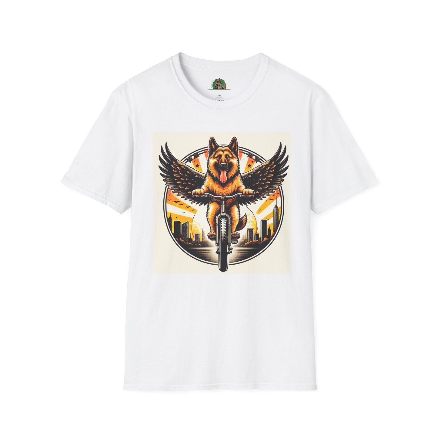 German Shepherd Angel bike riding T-Shirt Printify White S