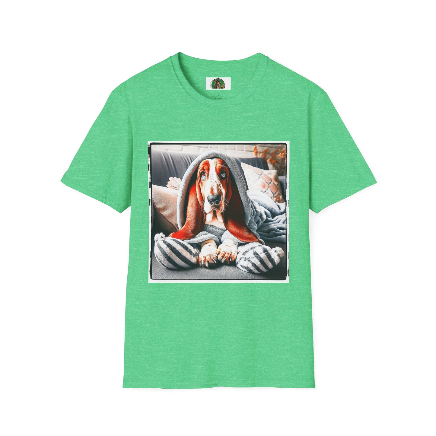 Basset Hound Draped In Blanket T-Shirt Printify S Heather Irish Green