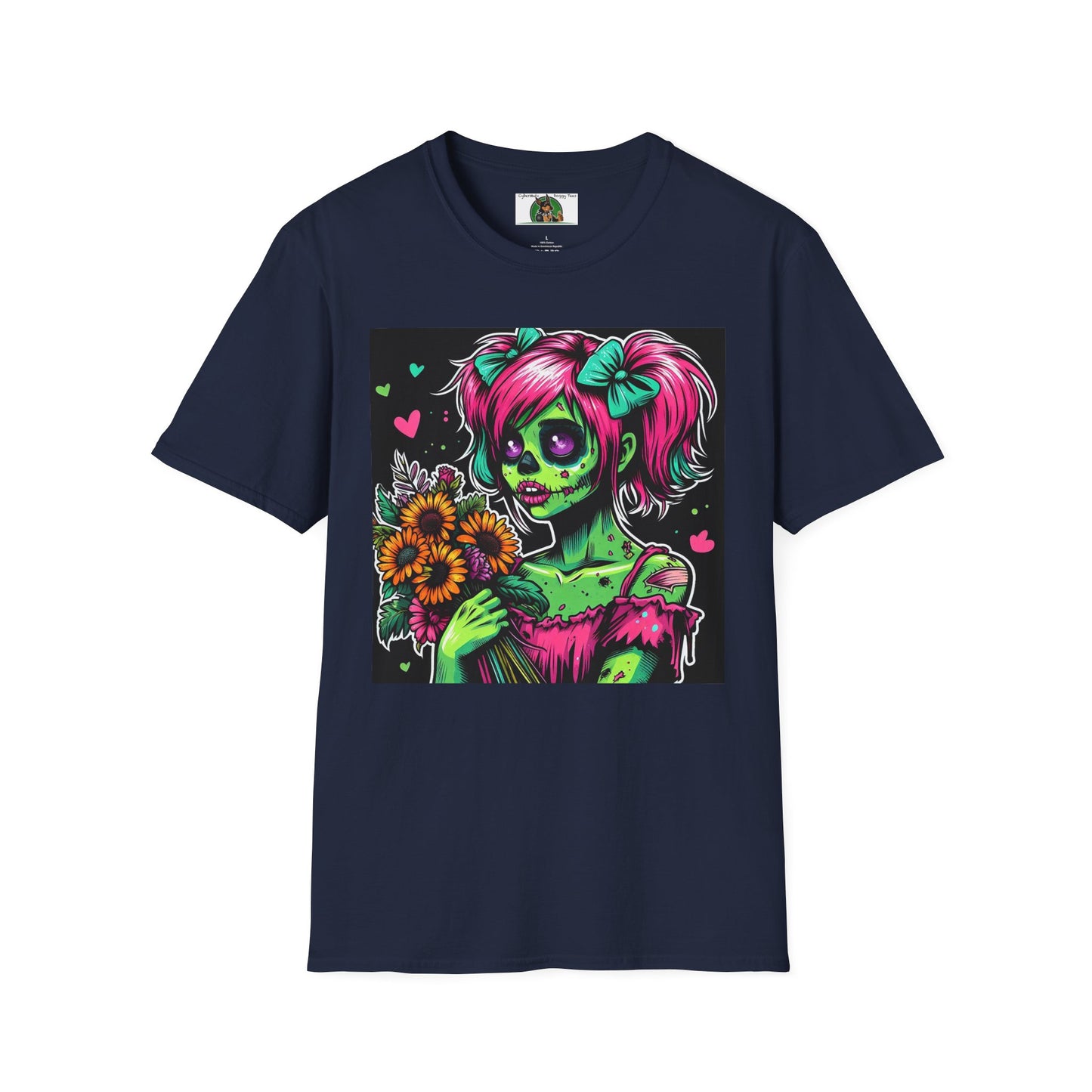 Zombie Pinup Girl with Flowers T-Shirt Printify Navy S 