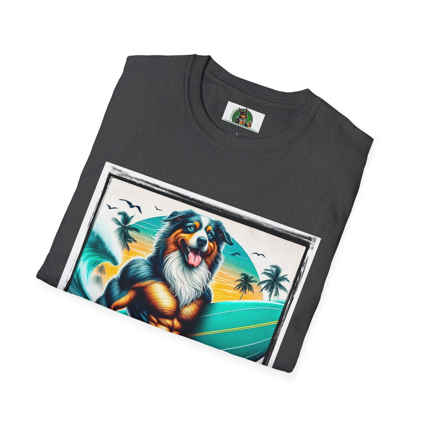 Australian Shepherd Turquoise Surf Board Beach Dog T-Shirt Printify
