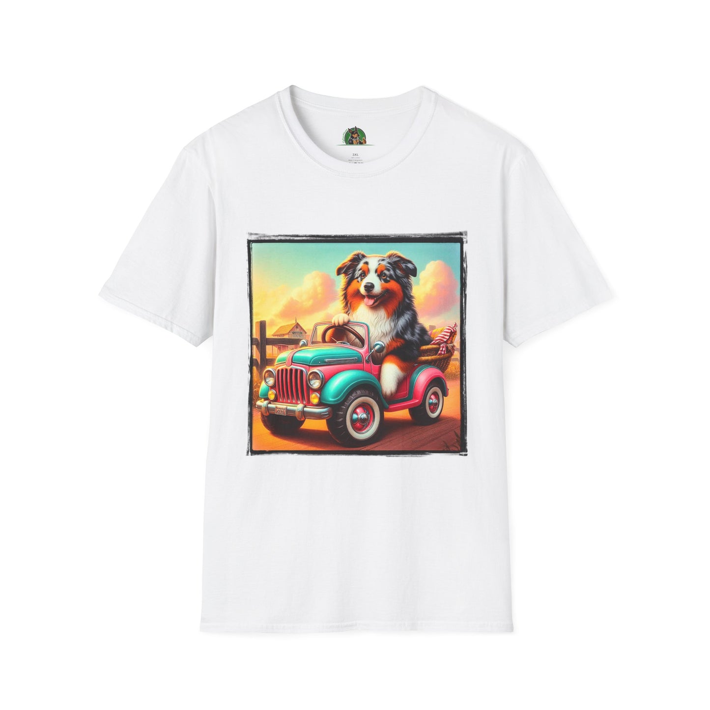 Wacky Australian Shepherd Dog In Mini Truck T-Shirt Printify XS White