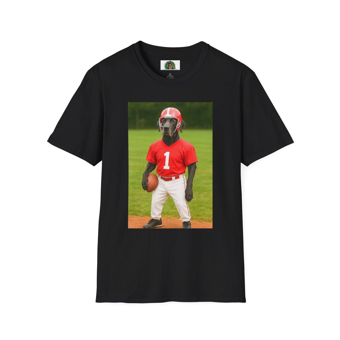 Great Dane Playing Football T-Shirt — Sports Dog Tee T-Shirt Printify Black S