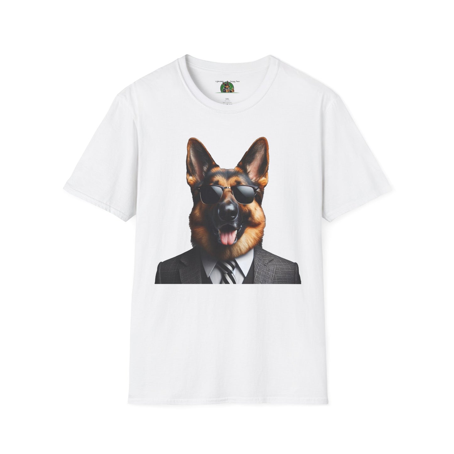 German Shepherd in Suit and Sunglasses Unisex Softstyle T-Shirt T-Shirt Printify S White