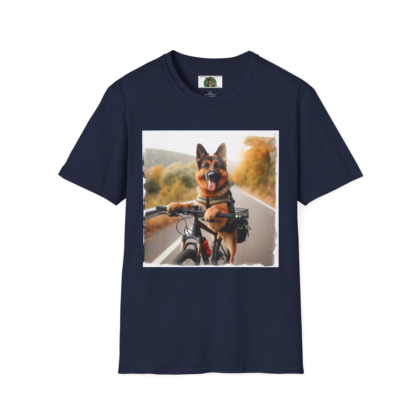 German Shepherd Dog Road Biking! Unisex Softstyle T-Shirt T-Shirt Printify S Navy 